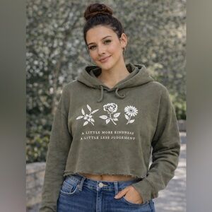 Cropped Hoodie with Floral Print Olive Green Bella + Canvas